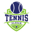 © LOKMAN - Tennis emblem with ball and shield featuring championship stars and slogan space vector