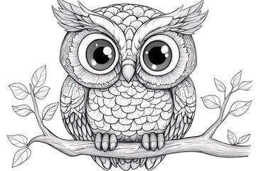 Detailed owl with big eyes perched on tree branch