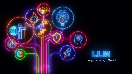 An animated brain icon with a chat symbol creates text. Represents a Large Language Model (LLM), AI chatbot, artificial intelligence, conversational and generative technology black background 4k video