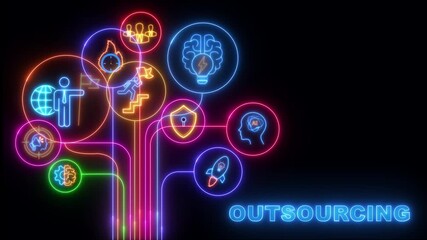 shows glowing neon line banner of OUTSOURCING concept with icons of competence, external, improvement, agreement, company and cost-saving on virtual screen black background 4k video .