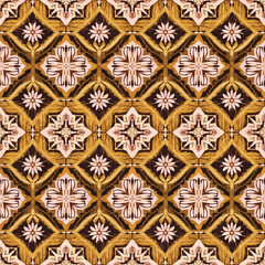 Wall Mural - Ornate decorative tile pattern with floral and geometric motifs in brown and gold, patern seamless, Stock royalty free.