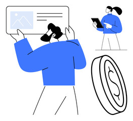 Wall Mural - Person holding large digital content interface, woman using tablet, and coin suggest financial exchange or collaboration. Ideal for teamwork, finance, business, apps, e-learning, transactions simple