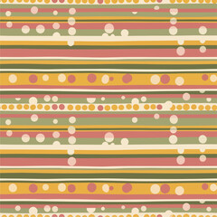 Wall Mural - Playful striped pattern with scattered dots in green, yellow, pink and beige tones, seamless pattern, Stock royalty.