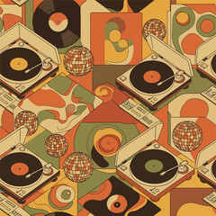 Wall Mural - Retro pattern featuring vintage record players, vinyl records, and disco balls, seamless pattern, Stock royalty image.