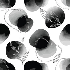 Wall Mural - Seamless pattern with abstract shapes and leaves in black white and gray, seamless pattern, royalty free stock.