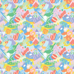 Wall Mural - Vibrant abstract pattern with playful shapes and a colorful pastel palette, seamless pattern, Stock royalty free image.