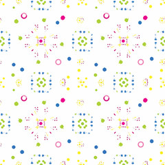 Wall Mural - Vibrant pattern of colorful circles, squares, and starbursts on white backdrop, seamless pattern, royalty stock.