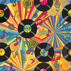 Wall Mural - Vibrant retro music pattern with vinyl records, musical notes and colorful swirls, seamless pattern, Stock royalty image.