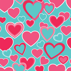 Wall Mural - Whimsical heart pattern illustration in shades of pink and teal on background, seamless pattern, Stock royalty free image.