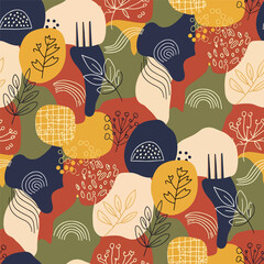 Wall Mural - Abstract autumn seamless pattern with organic shapes and botanical elements, patern seamless, Stock royalty image.
