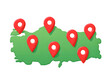 Red map markers pinpoint locations on a green turkey map isolated on transparent background