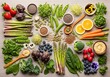 © Shil - Assorted fresh vegetables and fruits arranged on a flat surface for a healthy diet plan