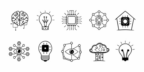 Collection of ai and technology icons featuring brain lightbulb chip eye cloud and smart home concept art