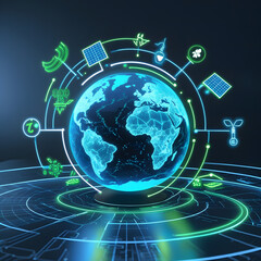 Wall Mural - Digital glowing hologram globe Earth surrounded by futuristic renewable icons representing clean green future