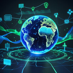 Wall Mural - Futuristic holographic Earth with neon circuit grid surrounding continents symbolizing renewable sustainable energy future