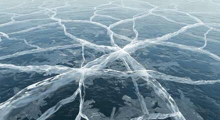 Close-up view of intricate ice cracks forming a geometric pattern on a frozen surface, showcasing the beauty of nature's formations.