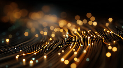 Wall Mural - Golden Data Stream: An abstract representation of interconnected data flows, the scene is illuminated by luminous particles and lines weaving across a darkened canvas.
