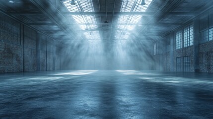 Wall Mural - a spacious, illuminated industrial warehouse with beams of light streaming through windows, creating