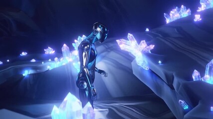 Metallic humanoid robot walking across luminous crystalline landscape, scanning otherworldly terrain with high tech sensory systems on distant alien planet