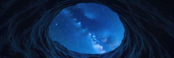 Wall Mural - A breathtaking view of the night sky, stars scattered across a deep blue canvas, visible through a dark ceiling opening Perfect for astronomy, travel, or nighttime themes , night scene, serene
