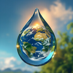 Wall Mural - Blue eco-friendly illustration of planet Earth encapsulated inside transparent water droplet symbolizing purity