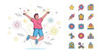 © zildan - Joyful celebration: Man jumping with fireworks and star icons in a festive atmosphere