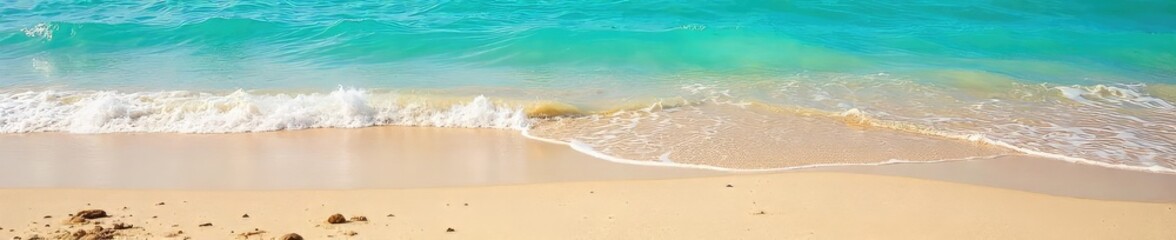 Wall Mural - Golden sand meets turquoise water on a pristine, untouched natural beach Sea shells scattered along the shore, waves gently lapping Perfect summer escape , turquoise, pebbles, holiday