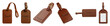 © PixeloAI - Brown leather luggage tag set including front, back, angled views, and ID window isolated. Essential travel and baggage accessory.