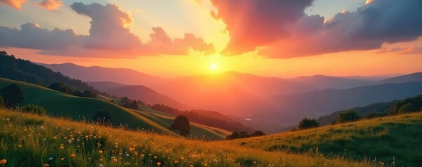 Wall Mural - serene landscape at sunrise, perfect for prayer or meditation; peaceful sky, gentle hills, inspiring