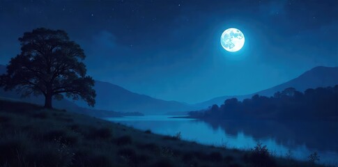 Wall Mural - Serene night scene featuring a bright full moon casting a soft glow on a tranquil landscape Perfect for themes of nature, serenity, and celestial beauty , crater, full moon, night