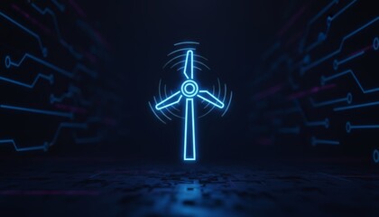 Wall Mural - Minimalist Glowing Wind Turbine Icon Floating Above a Digital Landscape with a Futuristic Aesthetic and Upscale Visuals for Modern Energy Concepts