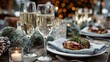 © Sergei - Elegant Christmas dinner setting with champagne flutes and steak, warm golden, white, green, and red colors, representing festive celebration and holiday dining.