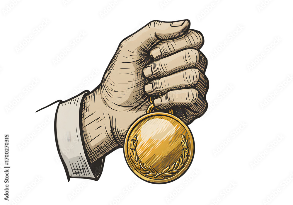 Illustration Of A Hand Holding Gold Medal On Transparent Background ...