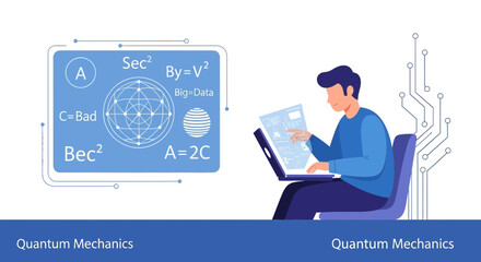 Illustration of a person working on quantum mechanics concepts on a digital device