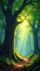 Wall Mural - Ancient, majestic trees form a dense, sun-dappled canopy, creating a mystical heart of the forest, where sunlight filters through leaves, illuminating the forest floor , undergrowth, mystical