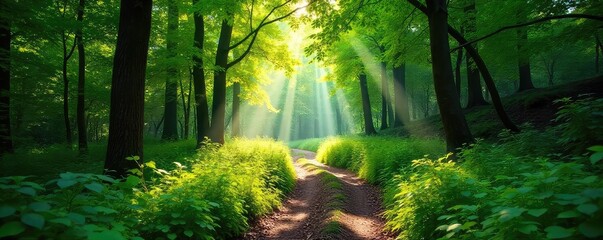 Wall Mural - A sun-dappled forest trail winds through lush green foliage, dappled sunlight filtering through the leaves, creating a magical atmosphere perfect for a peaceful trek , majestic, forest