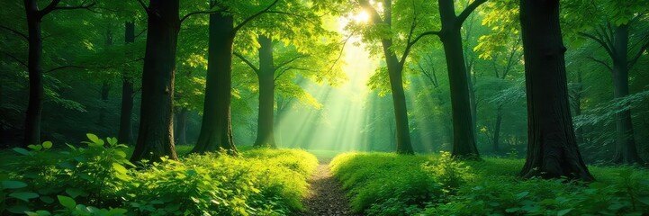 Wall Mural - Lush green forest canopy, sunlight filtering through leaves, creating dappled shadows on the forest floor Perfect for nature, environmental, and ecological projects , branches, leaves, natural
