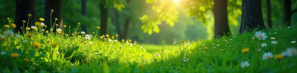 Wall Mural - Lush green grass thrives in a sun-dappled forest clearing, wildflowers blooming amidst the vibrant foliage  Perfect for nature, ecology, and environmental themes ,  pastoral,  serenity