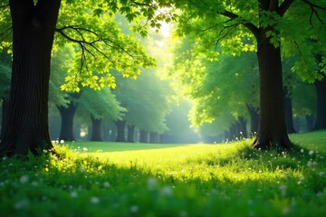 Wall Mural - Lush green leaves and vibrant foliage fill a tranquil park scene, sunlight dappling through the canopy  Perfect for nature, spring, summer, and environmental themes ,  bushes,  natural,  twigs