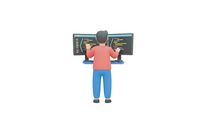 Programmer coding on dual monitors in modern office, writing code and debugging software with focus and determination.