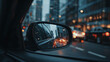 © Екатерина Чумаченко - City Reflection: Evening drive through a bustling metropolis, captured in a car's side mirror, reflecting urban life.
