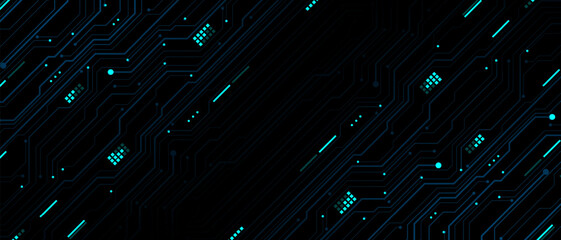 Abstract slash blue circuit board technology connected lines electronics elements computer motherboard digital on black background vector
