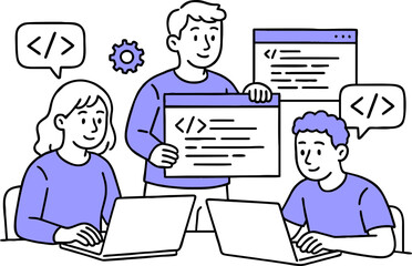 Web development. programming languages. css, html, it, ui. programmer cartoon character developing website, coding. flat illustration banner