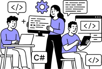 Web development. programming languages. css, html, it, ui. programmer cartoon character developing website, coding. flat illustration banner