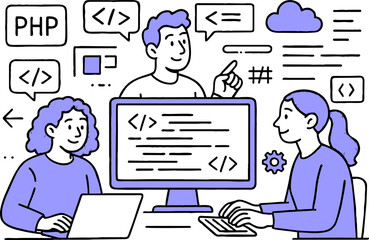 Web development. programming languages. css, html, it, ui. programmer cartoon character developing website, coding. flat illustration banner