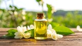 Essential oil bottle with jasmine flowers