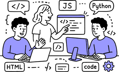 Web development. programming languages. css, html, it, ui. programmer cartoon character developing website, coding. flat illustration banner