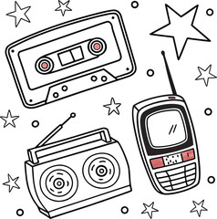 Vector illustration of a set of retro radio and mobile phone with buttons and display, for a music technology background