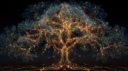 A classic tree of life diagram is unraveled and rewoven into a new, complex network of glowing light.