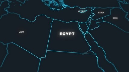 3D world digital glowing map animation of Egypt.